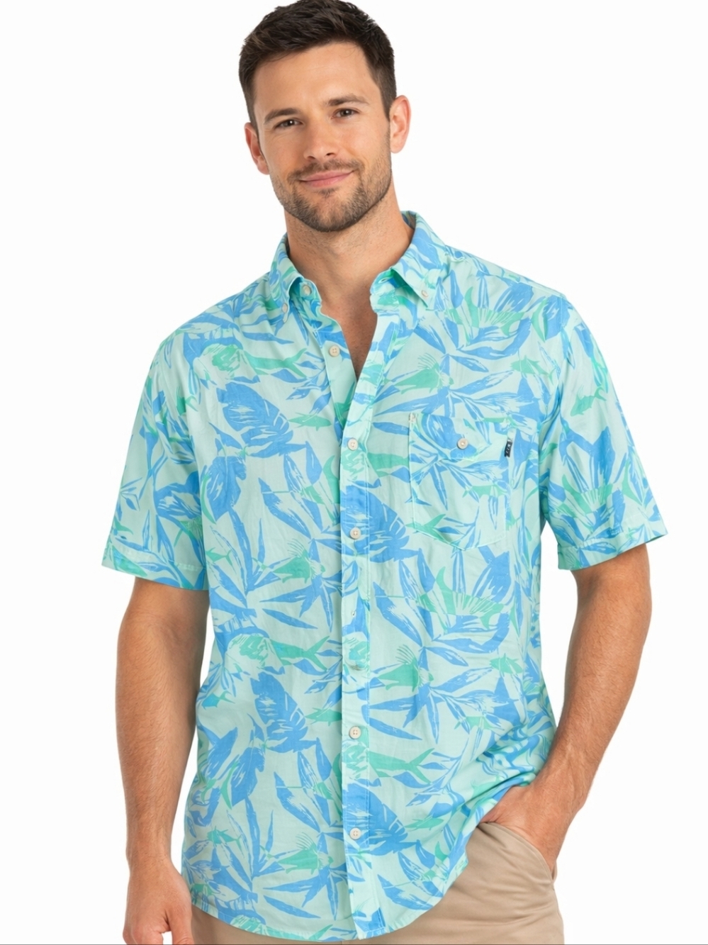 NWT Huk Fishing Blue Green Men’s Tropical Print Button Down Shirt Sz Lg